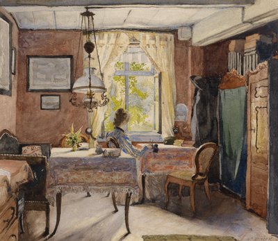 Sonniges Interieur mit einer Frau am Fenster von Carl Wenzel Zajicek